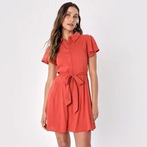 Adoringly Lovely Rusty Rose Short Sleeve Button-Up Mini Dress